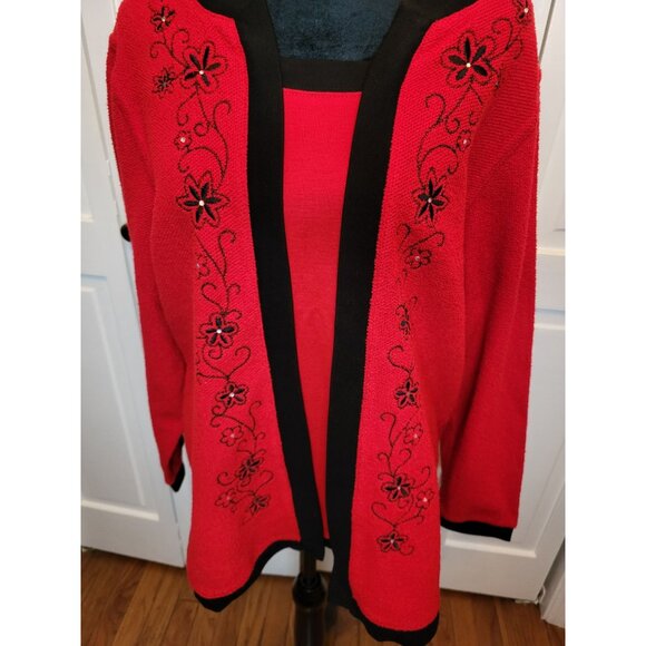 Vintage 90s Red/Black Layered Look Sweater Embroidered Beaded XL Christmas Party - Picture 4 of 7